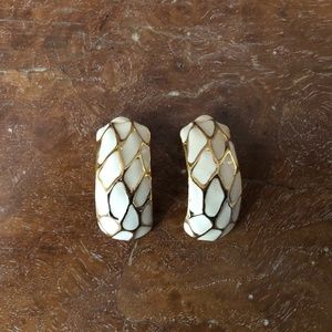 St John White and Gold Clip Earrings